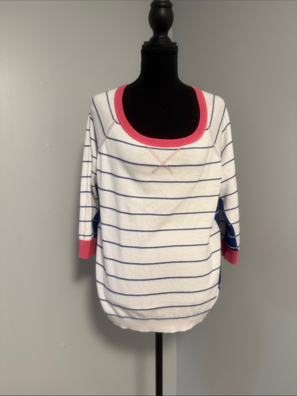 Talbots White Striped Scoop Neck Sweater with Coral Trim